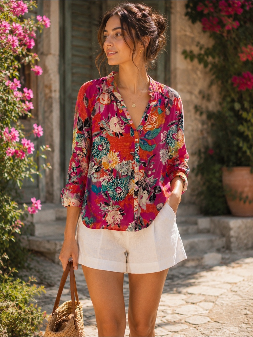 Vibrant Fuchsia Floral Button-Down Blouse